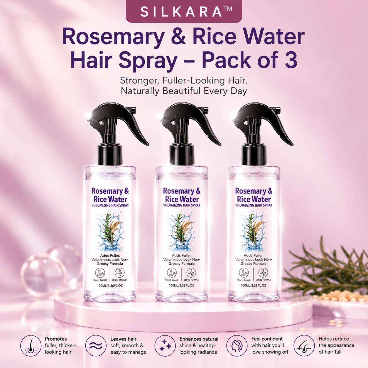 Silkara™ Rosemary & Rice Water Hair Spray - pack of 3